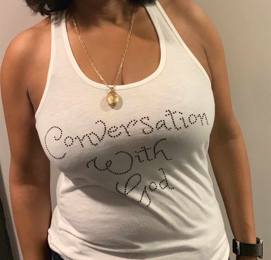 Conversation with God Racerback Rhinestone Tank Top